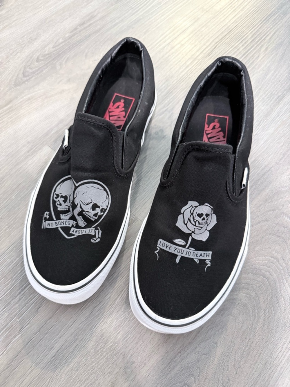 Vans Slip-On Sneakers with Skull & Rose Graphics - Black